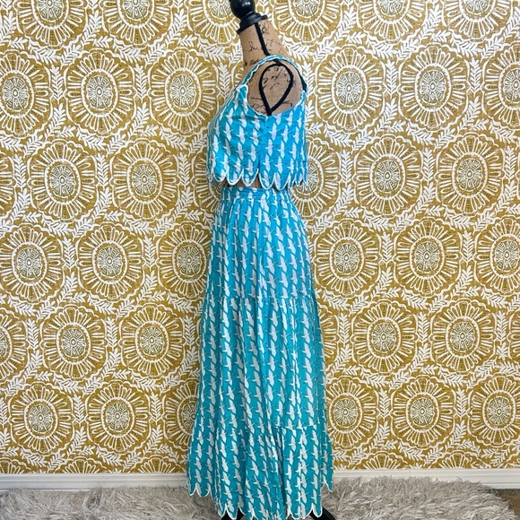 Victoria Dunn Lupine Scalloped Cotton Crane Print Top Skirt Set Sz XS RARE - Picture 9 of 15